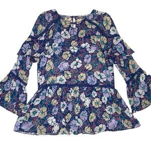 Mary & Mabel Floral Tunic Blouse Womens S Oversized Boho Chic Flowy Sheer Ruffle